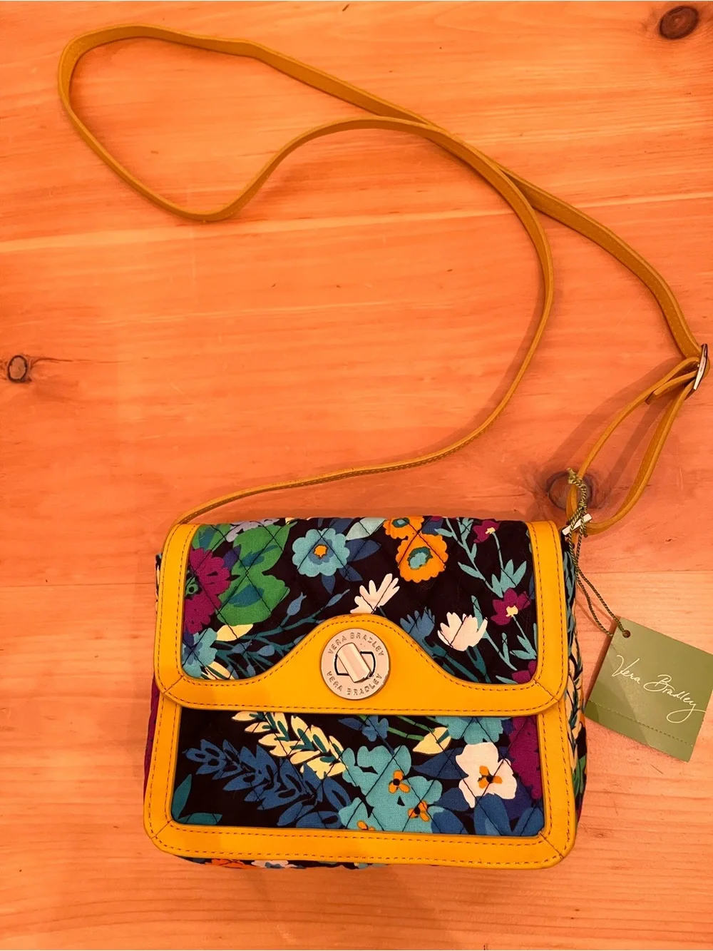 NWT Vera Bradley Midnight Blues Patricia Crossbody Purse Floral Yellow Turn Lock